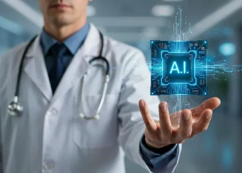 Artificial intelligence technology assisting healthcare professionals with medical diagnosis and patient care.