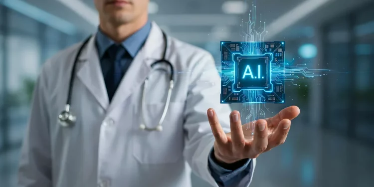 Artificial intelligence technology assisting healthcare professionals with medical diagnosis and patient care.