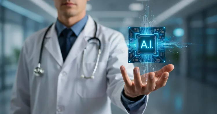 Artificial intelligence technology assisting healthcare professionals with medical diagnosis and patient care.